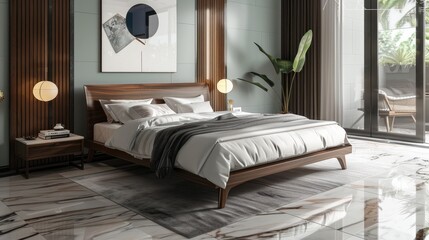Minimalist interior of modern home master bedroom, Guest room, Living room, Lounge with sophisticated luxury bed and sofas with expensive paint and wall art