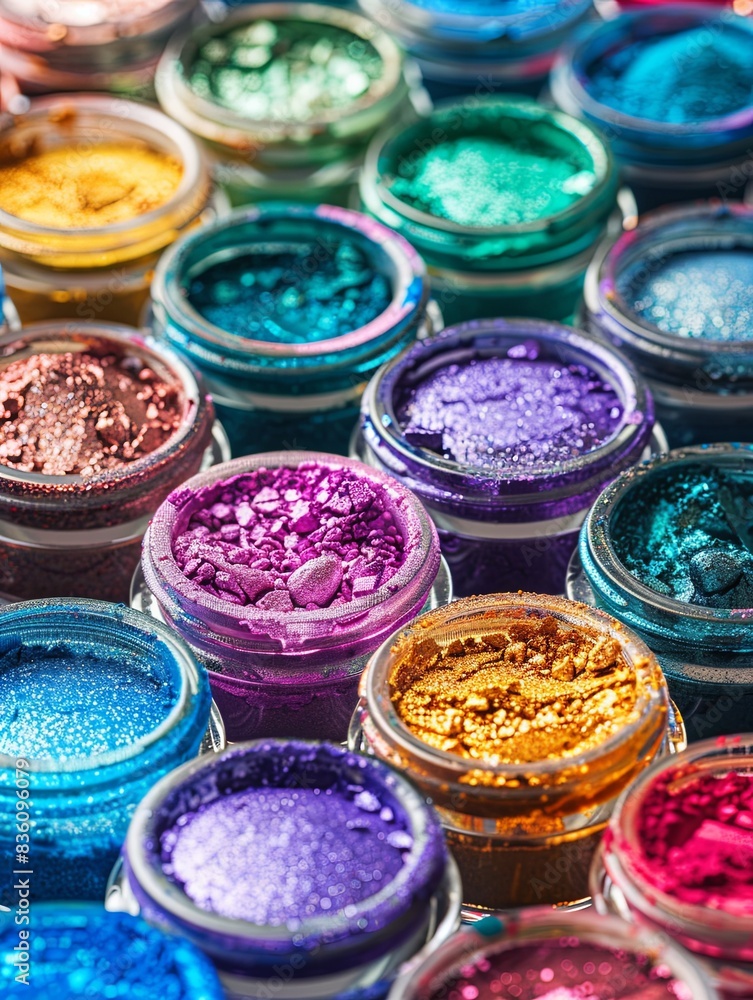 Poster Close-up of assorted colorful makeup pigments in small jars. Generative AI