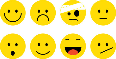 Flat smileys of yellow color with emotions on a white background. Background excluded