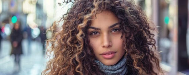 Fototapeta premium Confident urban woman with stunning curls on city street