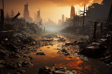 Marvel at the Ethereal Beauty of a Ruined City Bathed in the Golden Hues of a Picturesque Sunset - A Serene Yet Haunting Scene that Captures the Essence of Time's Passage