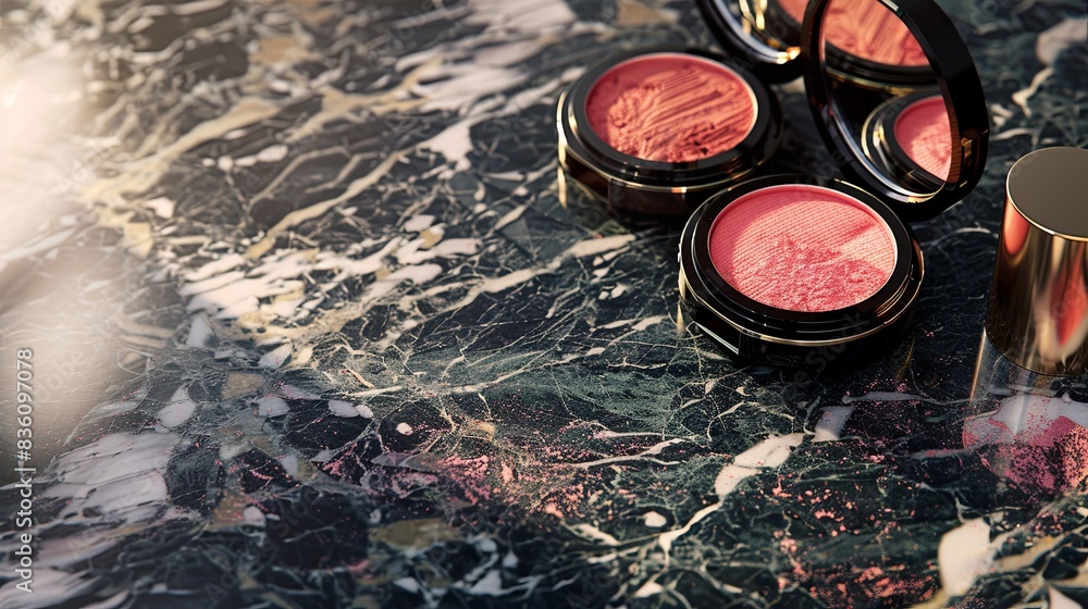 Poster compact cases with powder and blush arranged on a marble surface. generative ai