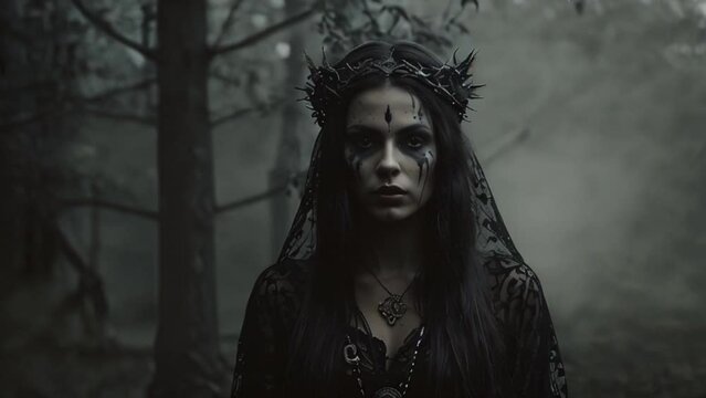 woman with a somber expression, dressed in dark, gothic attire, standing in a misty forest