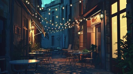 A street scene with lights hanging from the ceiling and tables with chairs