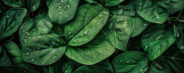 Obraz premium Close-up of lush green leaves with water droplets, showcasing natural freshness and beauty. Perfect nature background or botanical texture.
