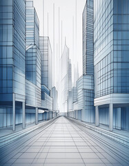 Fototapeta premium A detailed blueprint sketch of a modern city street, showcasing towering skyscrapers, a tree-lined avenue, and intricate architectural details