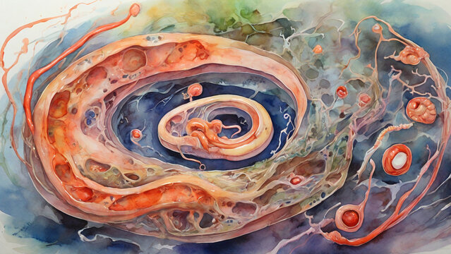 Watercolor painting: A parasitic roundworm residing within a host, its complex life cycle and impact on health an important study in parasitology,