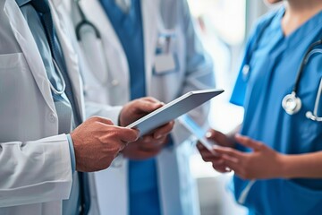 The picture shows a medical team discussing a patient's treatment plan on a digital tablet in a hospital.