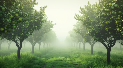 Fototapeta premium A forest of trees with a foggy mist in the background
