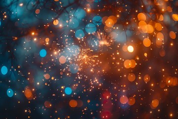 A single firework ignites amidst mystical bokeh lights, simulating stars in an ethereal nightscape