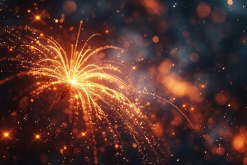 A large, central firework burst with dynamic oranges and yellows fills the image