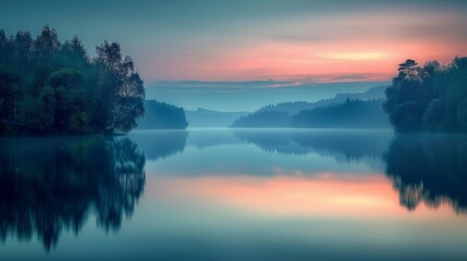 A tranquil lake landscape at sunset, featuring smooth water and blurred reflections of the surrounding trees. The long exposure effect creates a soft, serene quality, emphasizing the stillness and