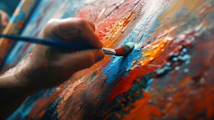 Close-up of an artist's hand painting on a canvas with a brush, creating vibrant abstract artwork.