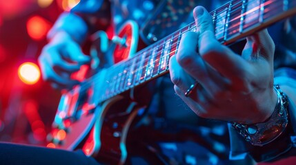 Obraz premium Close-up of a musician's hands playing an electric guitar on stage. The vibrant blue and red stage lights illuminate the scene.