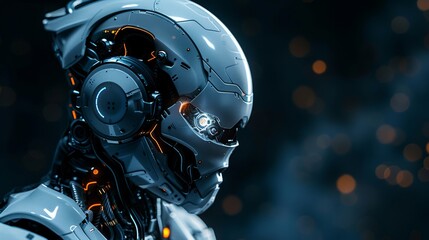 Fototapeta premium Close-up of a futuristic robot's head, with intricate details and a glowing eye.