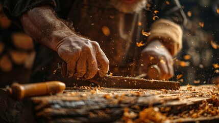 Close-up of a carpenter's hands working on a piece of wood, with sawdust flying in the air.