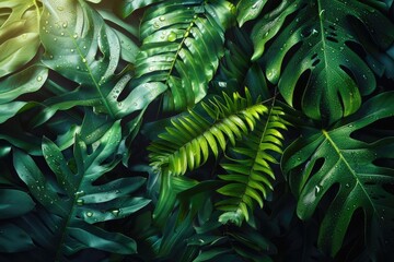 Lush green tropical leaves with dew drops, bathed in sunlight, showcasing the beauty of nature's foliage and natural environment.