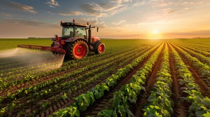 Fototapeta premium Farmer rides on a tractor and waters the fields, agricultural business concept