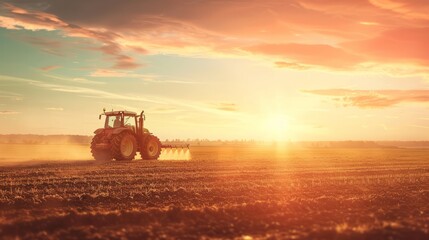 Farmer rides on a tractor and waters the fields, agricultural business concept
