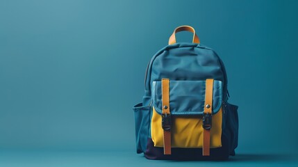 Blue and yellow school backpack with books and alarm clock on a blue background with empty space for text. Back to school concept, learning