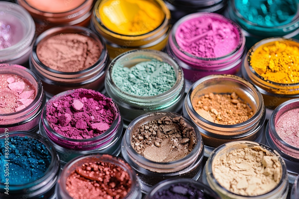 Aufkleber a close-up view of colorful makeup pigments and powders arranged in small glass jars. generative ai