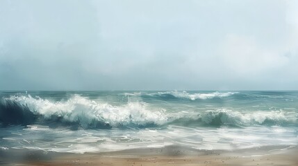 Fototapeta premium A minimalist digital painting of a beach scene with waves crashing against the shore. The waves are depicted with a motion blur effect, emphasizing their constant, rhythmic movement. The blurred sky