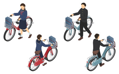 アイソメトリックイラスト：自転車を押す男女の中学生