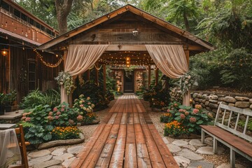 An enchanting evening setting at a rustic cabin with festoon lighting and lush greenery, offering a sense of warmth and welcome
