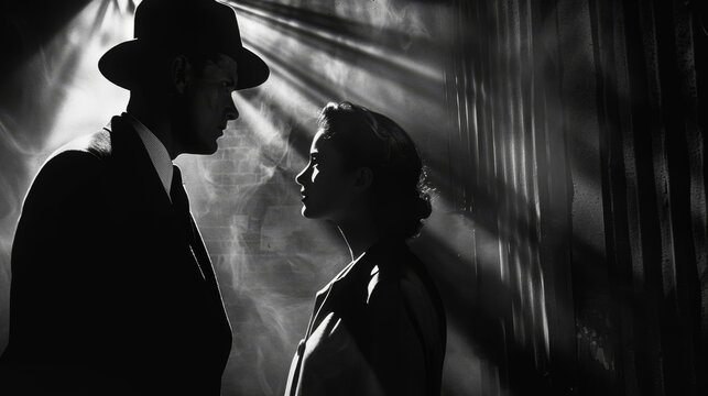 A man in a fedora and a woman stand in a beam of light, their faces illuminated in a classic film noir style.