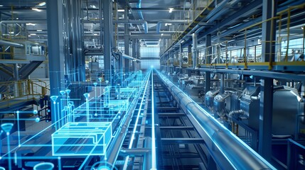 Naklejka premium An expansive view of a smart factory equipped with IoT devices monitoring and adjusting production in real-time, showcasing the seamless flow of data and materials in Industry 4.0.