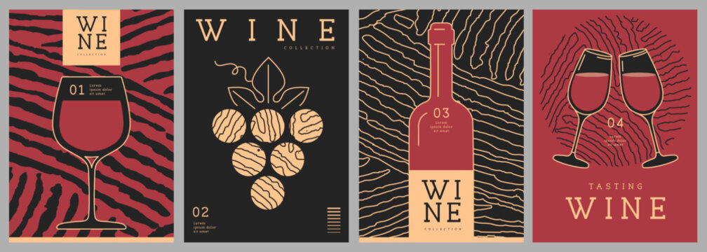 Set of modern line art magazine covers or posters with wine bottles, glasses and abstract texture. Restaurant menu design. Vector illustration