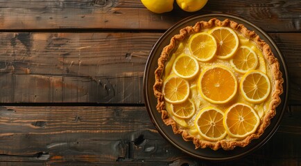 Homemade lemon pie on a wooden table, top view.