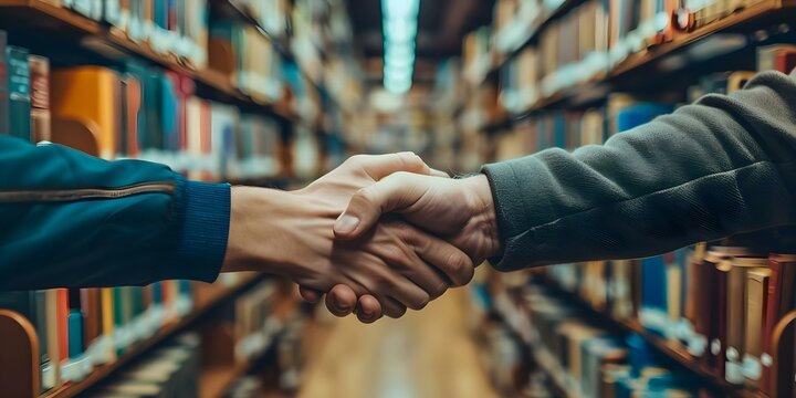 Innovative digital network connects academic libraries through virtual interface handshake. Concept Libraries, Academic, Digital Network, Virtual Interface, Innovation