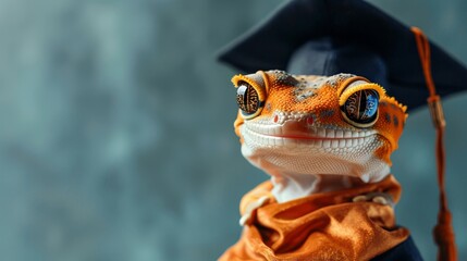 A gecko wearing a graduation cap and gown, looking proud and accomplished.  A humorous image for education-related content.