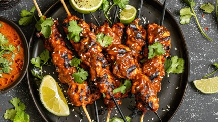 A delicious platter of moo satay skewers, garnished with lime wedges and fresh cilantro.