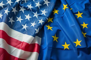 Close-up of the USA and EU flags against each other.