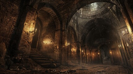 Obraz premium A dimly lit, ancient cathedral with stone arches and flickering candlelight. The grand interior is filled with dust and the weight of history.