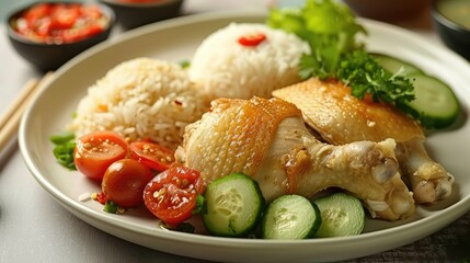 A delicious serving of with tender chicken, aromatic rice, and fresh vegetables.