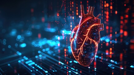 A digital heart with an overlay of binary code and data streams, symbolizing technological integration.