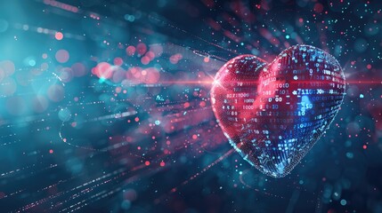 A digital heart with an overlay of binary code and holographic data, symbolizing technological advancement in healthcare.