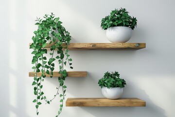 Interior design details: brown wooden raw edge floating shelves hanging on a white wall with green potted house plants.