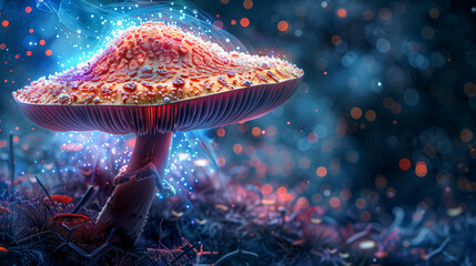 close-up of a red toadstool with a white dot that magically glows in a beautiful place where it grows
