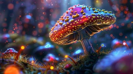 close-up of a red toadstool with a white dot that magically glows in a beautiful place where it grows
