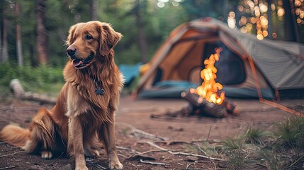 A dog sitting beside a tent with a campfire in the background, enjoying a camping trip with its family.