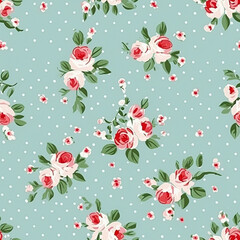 Fototapeta premium Seamless pattern, tileable floral country holiday print with roses, dots and flowers for wallpaper, wrapping paper, scrapbook, fabric and polka dot roses product design idea