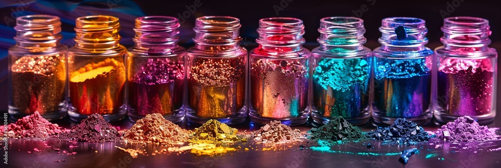 Poster A close-up image showcasing an assortment of colorful makeup pigments and powders in small glass jars arranged on a dark surface. Generative AI