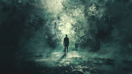 Fototapeta premium the silhouette of a person surrounded by darkness, which symbolizes doom and the evil intention of his thoughts and depression