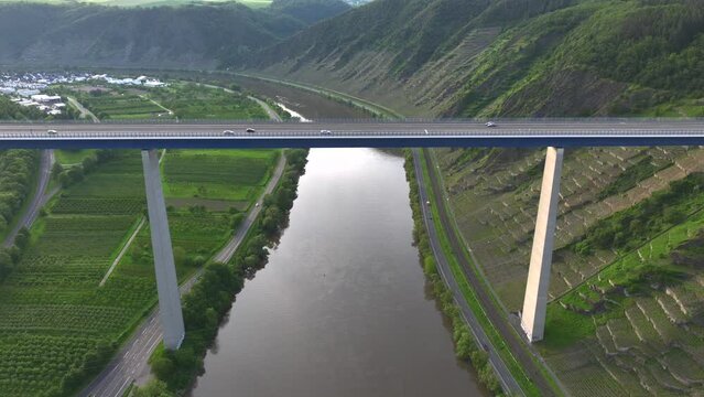 Moselle Valley Bridge in Rhineland-Palatinate, Germany, Europe. Impressive High Construction at Evening, Aerial View. 