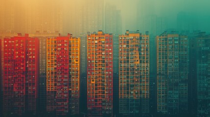 Obraz premium Vibrant high-rise apartment buildings in dense urban cityscape, shrouded in atmospheric fog at sunrise, showcasing urban density.