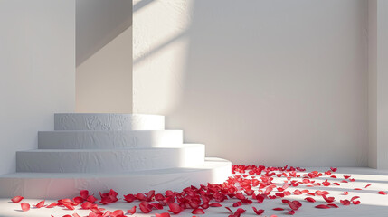 Obraz premium A white staircase with red flowers on the steps